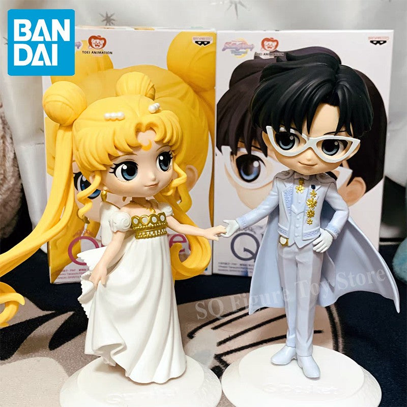 Bandai Original Qposket Sailor Moon Tsukino Usagi Chiba Mamoru Action Figure Vestido de Noiva Ver Estatueta Pvc Estátua Boneca Brinquedos
