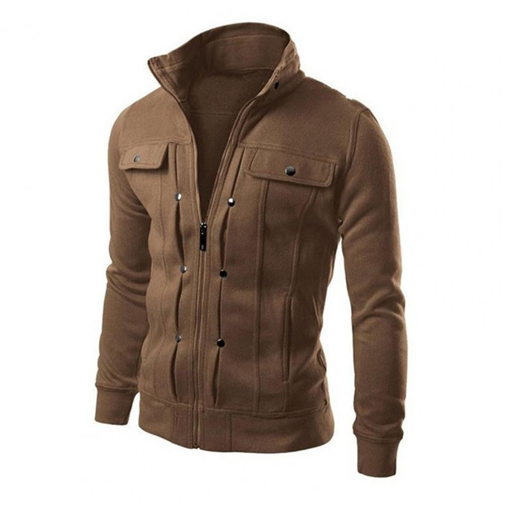 Fashionable Men Outerwear Men's Solid Color Stand Collar Jacket with Buttons Zipper Closure for Spring Autumn Long for Men