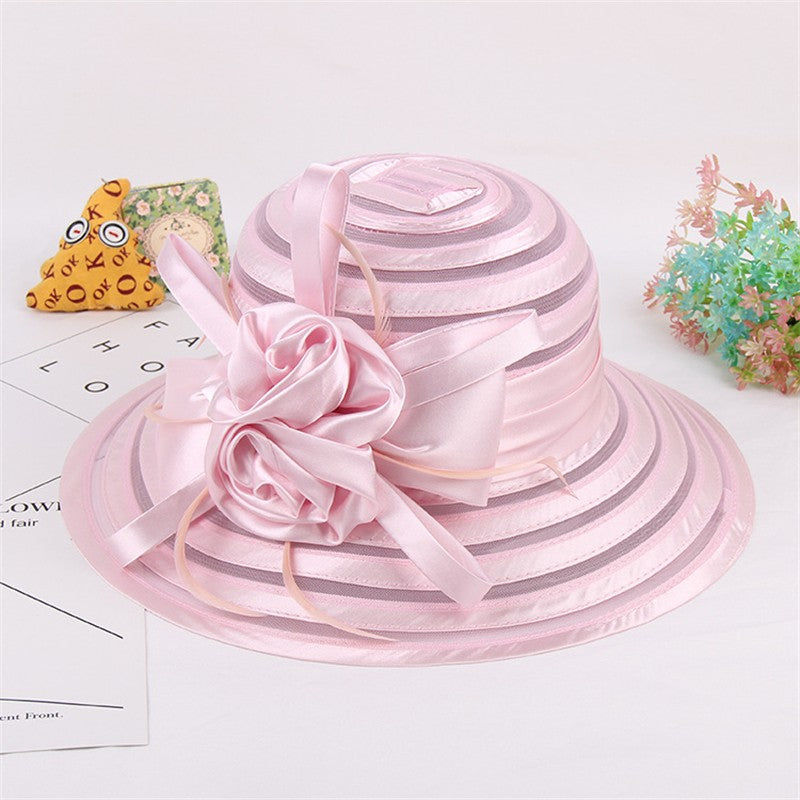 Chapéus de Sol de Organza Femininos Elegantes Chapéu Bucket para Mulheres Chapéu de Festa de Casamento na Igreja Chapéu Fedora Floral Grande de Aba Larga da Moda de Verão