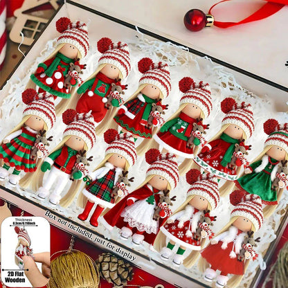 12Pcs Classic Long-haired Christmas Doll Design High-quality 2D Flat Wooden Pendant Christmas Doll Decoration for Christmas