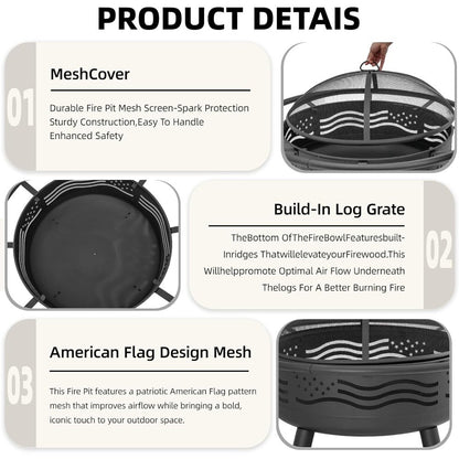 American Flag Fire Pit with Mesh Cover & Poker, Round Metal Wood Burning Outdoor Firepit for Patio, Garden, Backy