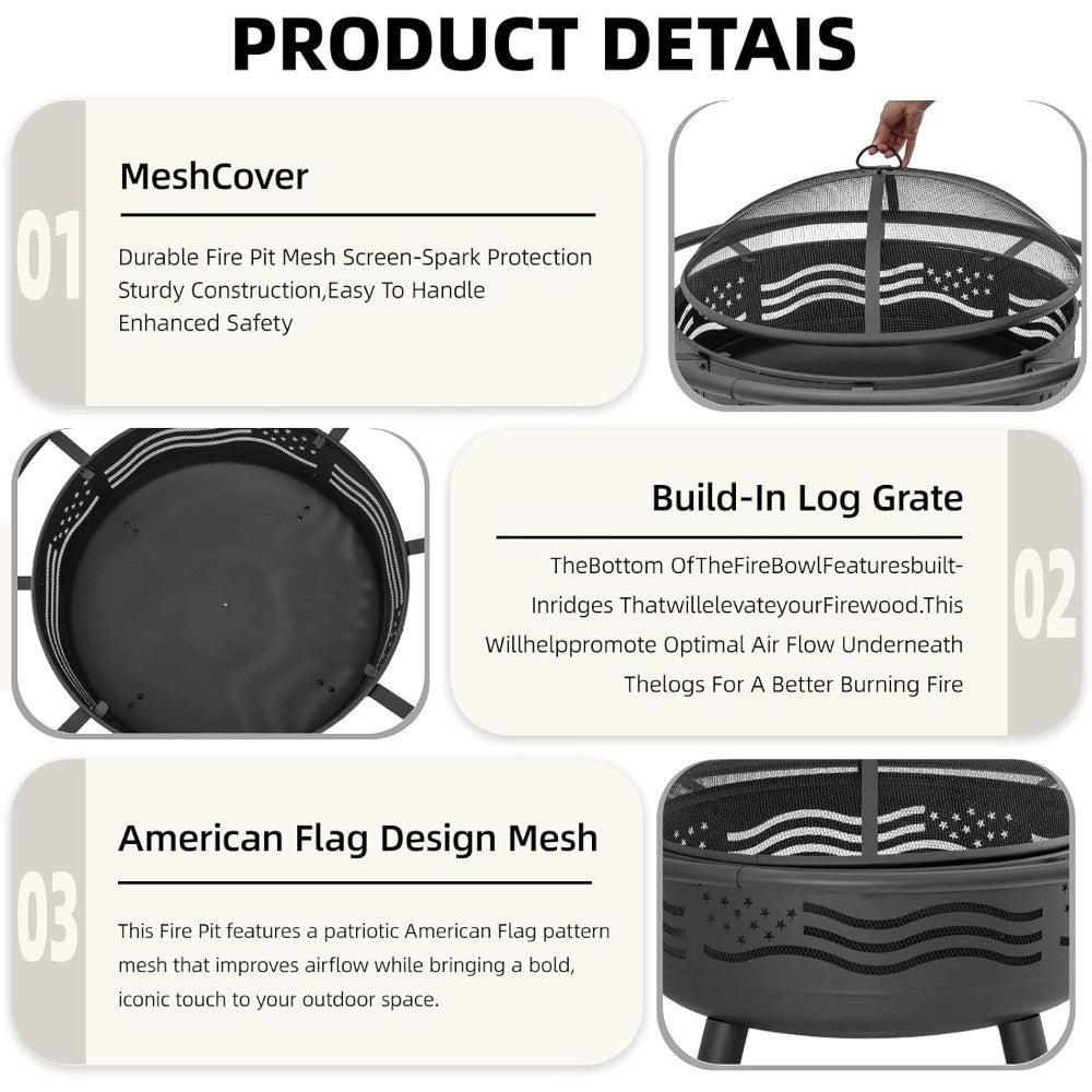 American Flag Fire Pit with Mesh Cover & Poker, Round Metal Wood Burning Outdoor Firepit for Patio, Garden, Backy