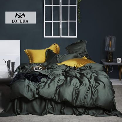 Lofuka Top Grade 100% Silk Green Bedding Set Queen King Silky Sexy Honeymoon Duvet Cover Bed Linen Flat Sheet Pillowcase