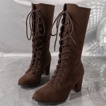 Winter Women Boots Shoes Fashion Vintage Lace-up Boots Women Round Cowboy High Heels Booties Shoes Woman Botas Mujer