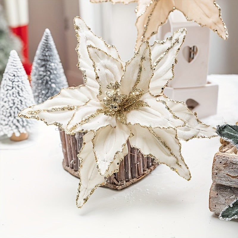 1/4pcs Christmas Holiday Decorative Flowers Artificial Flowers,Shiny Sequin Velvet Christmas Flowers 25.91cm,  home decor