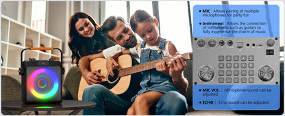Karaoke Machine with 2 Wireless Microphones, Portable Speaker with LED Lights for Kids and Adults, Supports Bluetooth/USB/TF/AUX