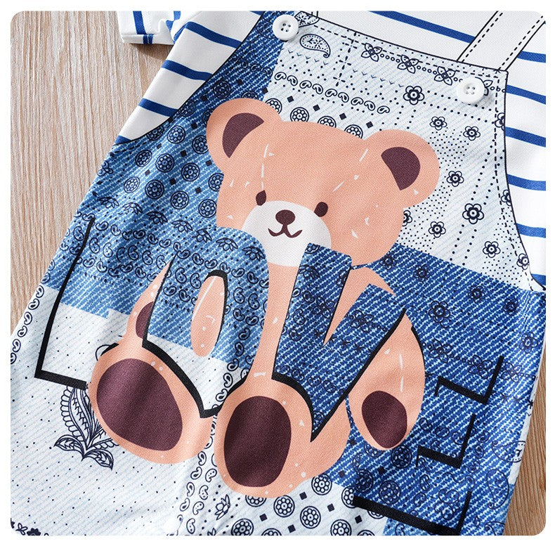 Baby Clothes Cute Cartoon Bear Fake Shoulder Strap Comfortable And Soft 0-18 Boys And Girls Summer Short Sleeved Baby Jumpsuit