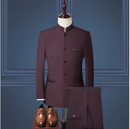 (Jacket+Pants) Men Fashion Simple Wedding Suit Black / Blue / Wine Red 2025 Homme Stand up Collar Business Social Dress 2Piece