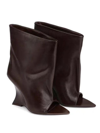 2025Ladies' Spring and Summer New Fish Mouth Slope High Heel Knee Boots, Fashionable Pointed Fashion Show Medium Cool Boots