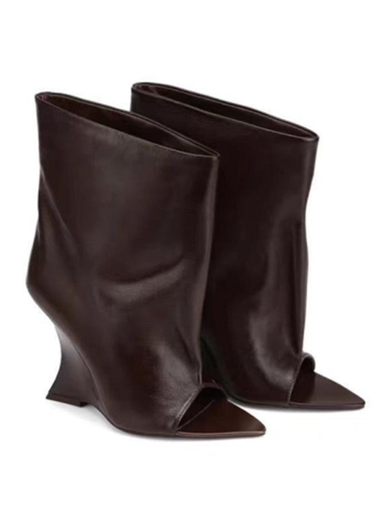 2025Ladies' Spring and Summer New Fish Mouth Slope High Heel Knee Boots, Fashionable Pointed Fashion Show Medium Cool Boots