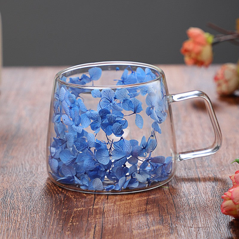 Copo de Vidro de Parede Dupla 200ml Transparente com Padrão de Flores Caneca de Chá Leite Café com Alça Presente para Amigos Copo de Água para Casa