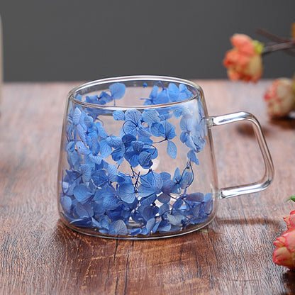 Copo de Vidro de Parede Dupla 200ml Transparente com Padrão de Flores Caneca de Chá Leite Café com Alça Presente para Amigos Copo de Água para Casa