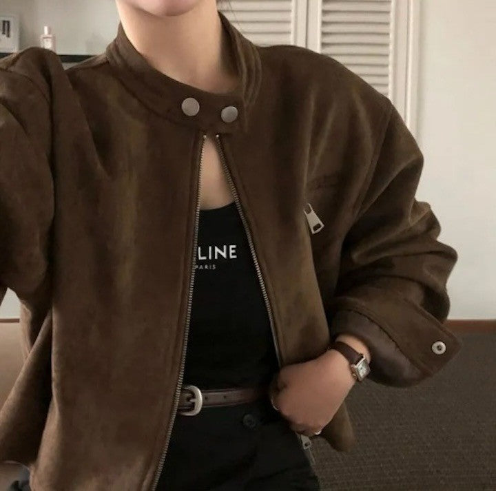 Retro American Coffee Brown Copper Zipper Button Short Jacket 2025 Autumn Trendy PU Leather Jacket Versatile for Dynamic Women