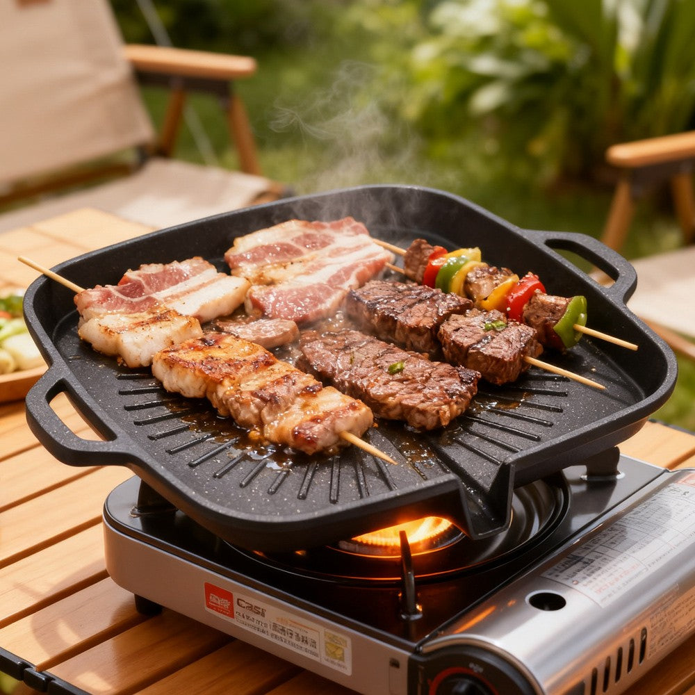 KOSUN Non-stick Barbecue Pan Stone Coated Cast Aluminum Korean Grill Pan Guipan Pot with Pour Mouth for Gas and Induction Stove