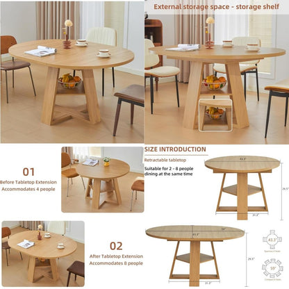 Mid Century Modern Extendable Dining Table Seats 4-8, Round & Oval with Hidden Leaves for Space-Saving, Cross Base Design