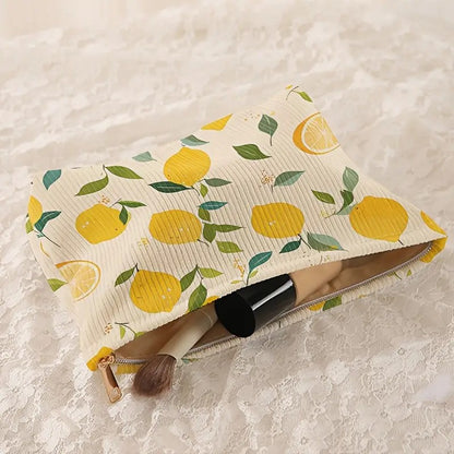 Minimally designed floral printed corduroy zipper makeup bag, lightweight and multifunctional cosmetic storage bag