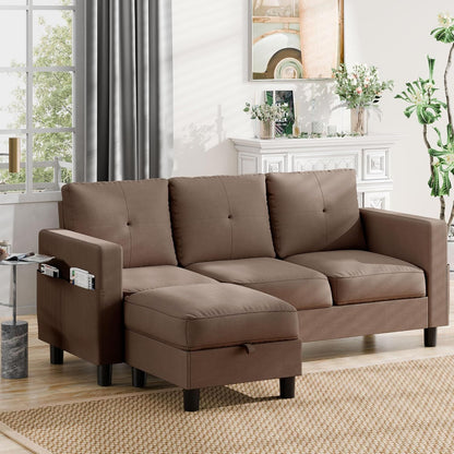 L-Shaped Couch 3 Seat Sofa Set with Linen Fabric and Ottoman Small Couch for Apartments, Black sofa set living room furniture