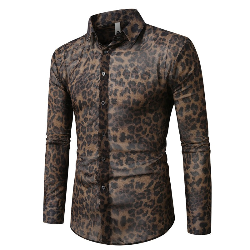 QJ CINGA Brand Men Leopard Print Long-sleeved Shirt, White Single-breasted Button-down Collar Printed Shirts, Asian Size M-6XL