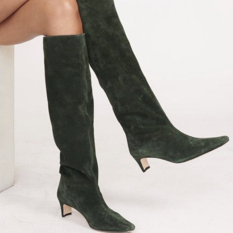 New Autumn Winter Square Toe Low Heeled Suede Long Boots European and American Fashion Black Brown Minimalist Knee High Boots