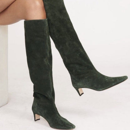 New Autumn Winter Square Toe Low Heeled Suede Long Boots European and American Fashion Black Brown Minimalist Knee High Boots