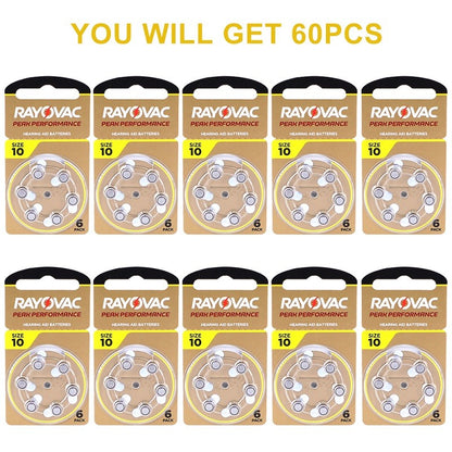 60Pcs Hearing Aid Batteries 10 A10 ZA10 10A P10 PR70 Rayovac Peak High Performance Zinc Air Battery For Mini Digital Hearing Aid