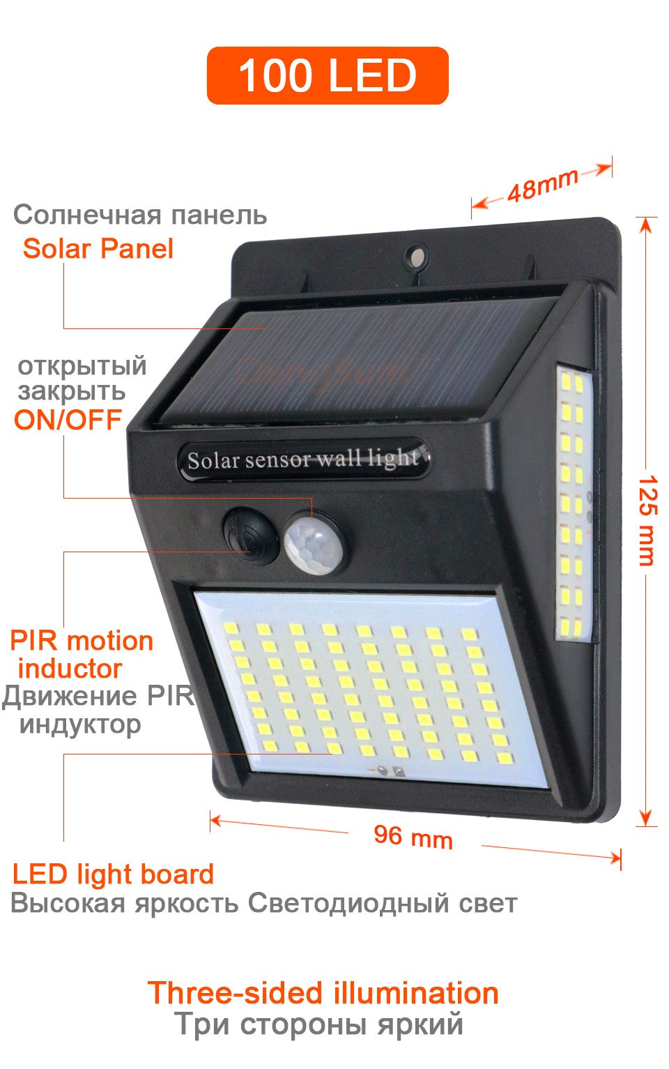PIR Motion Sensor 100LED Sunlight control 3 sided Solar Energy Street light Yard Path Home Garden Solar Power lamp Wall Light