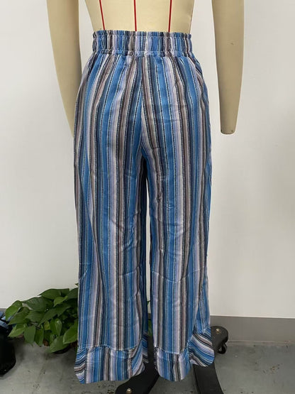 Fashion Printed Striped Wide-leg Long Pants Women's New Spring Autumn Loose Casual High-waisted Slimming Beach Long Pants Female