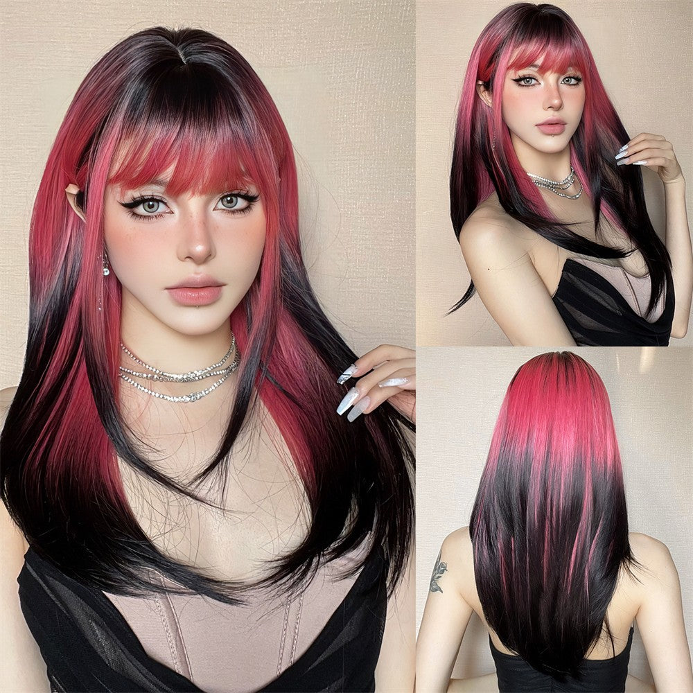 Peruca de cobertura total, peruca rosa gradiente marrom escuro, peruca de cabelo liso com franja, adequada para o role-playing diário feminino,
