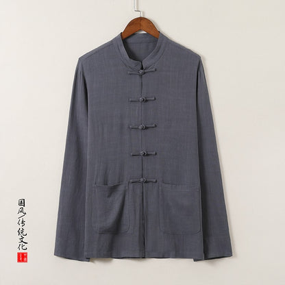 Chinese-style Men's Black Long-sleeve Shirt, Cotton-linen Blend Stand-up Collar Shirts, Available in Burgundy, Beige, and Gray.