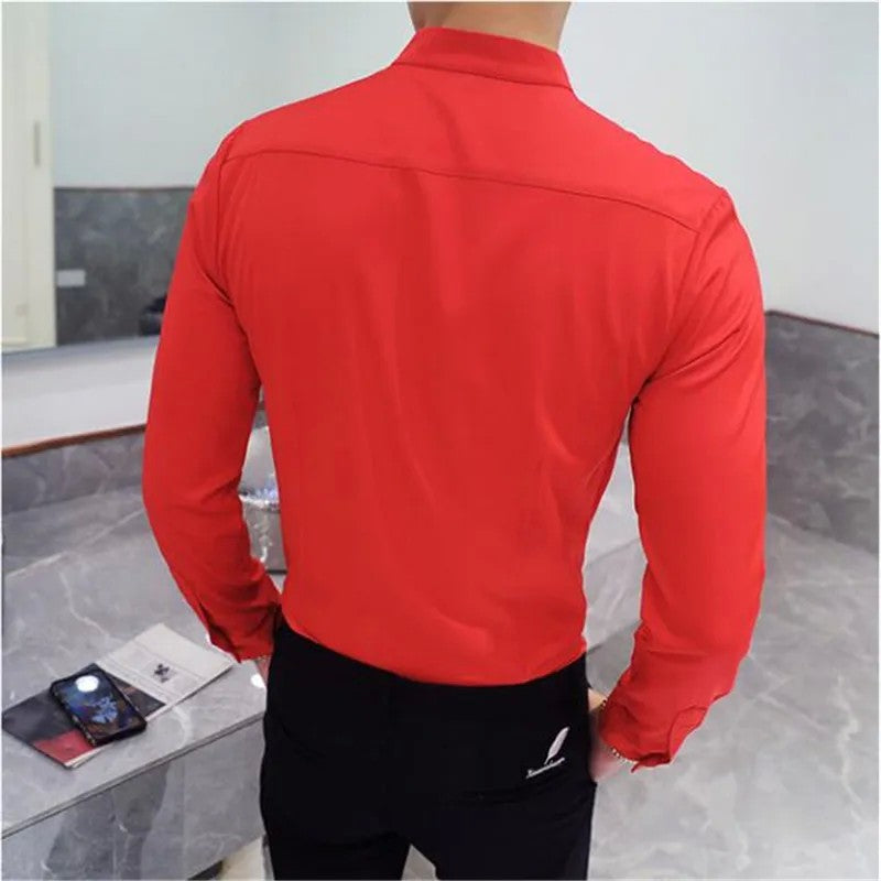 Mens Long Sleeve Shirt Autumn High Quality Stand Collar Casual Slim Solid Color Shirt Oversized Size 5XL Fashion Men Clothing