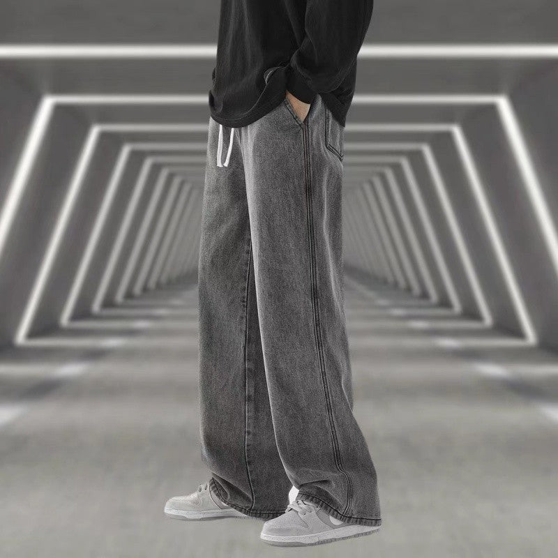 2025 New Korean Men's Casual Long Jeans Classic Man Straight Denim Wide-leg Pants Gyms Solid Color Light Blue Grey Black M-3XL