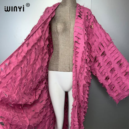 WINYI new maxi kimono coat for women OverCoat hole denim cardigan long down coat cover up beach outfits woman abaya dubai luxury