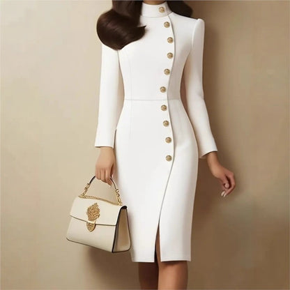 Elegant Commuter Dresses For Women Autumn Fashion White Black Stand-up Collar Slim Metal Buckle Long Sleeve Split Casual Dress