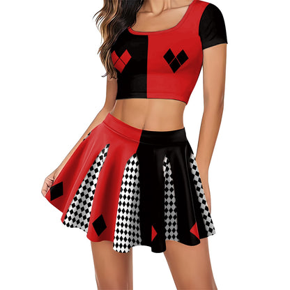 Movie Clown Cosplay Costume Halloween Harry Q Party Outfit Red Black Crop Top Performance Pleated Skirt Carnival Holiday Dresses