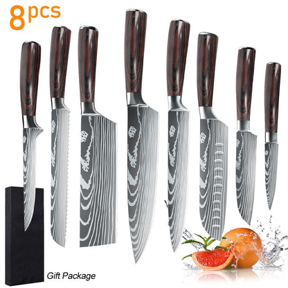 MDHAND Conjunto de Facas de Cozinha 7CR17 8 Peças Aço Inoxidável Afiado Faca de Chef para Fatiar Carne Cutelo Padrão de Damasco a Laser Faca de Chef Afiada