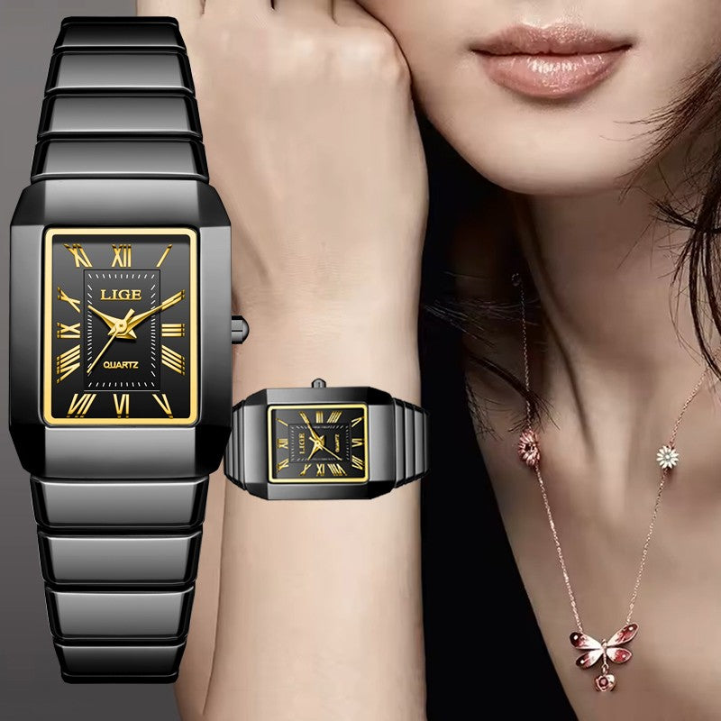 LIGE New Black Watch Women Fashion Creative Square Stainless Steel Ladies Waterproof Watches Elegant Bracelet Quartz Wristwatch