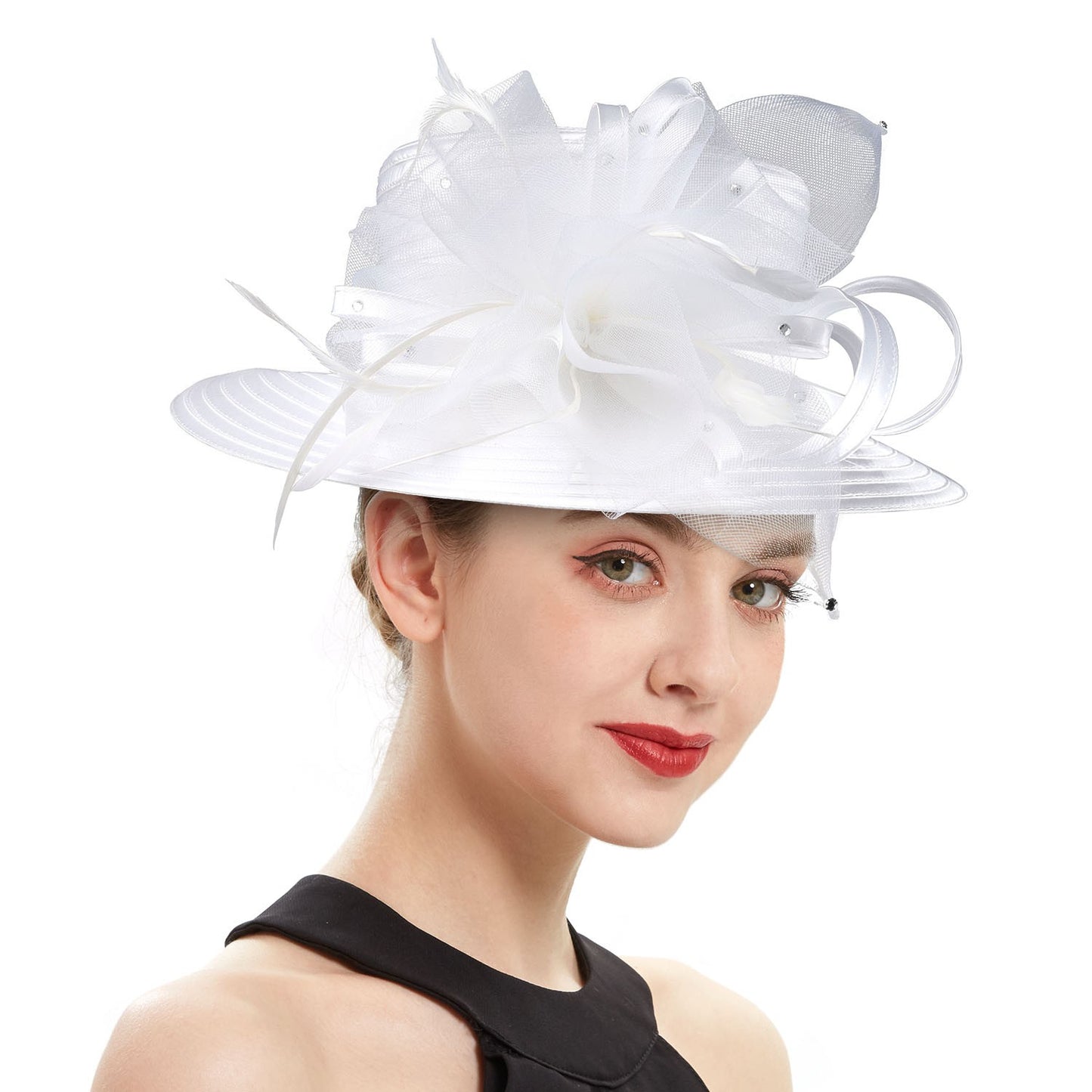 Deluxe New White Church Hat Party Banquet Satin Cloth Photography Hats Premium Chains Formal Hat Flower Top Cap For Women Ladies
