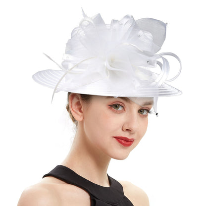 Deluxe New White Church Hat Party Banquet Satin Cloth Photography Hats Premium Chains Formal Hat Flower Top Cap For Women Ladies