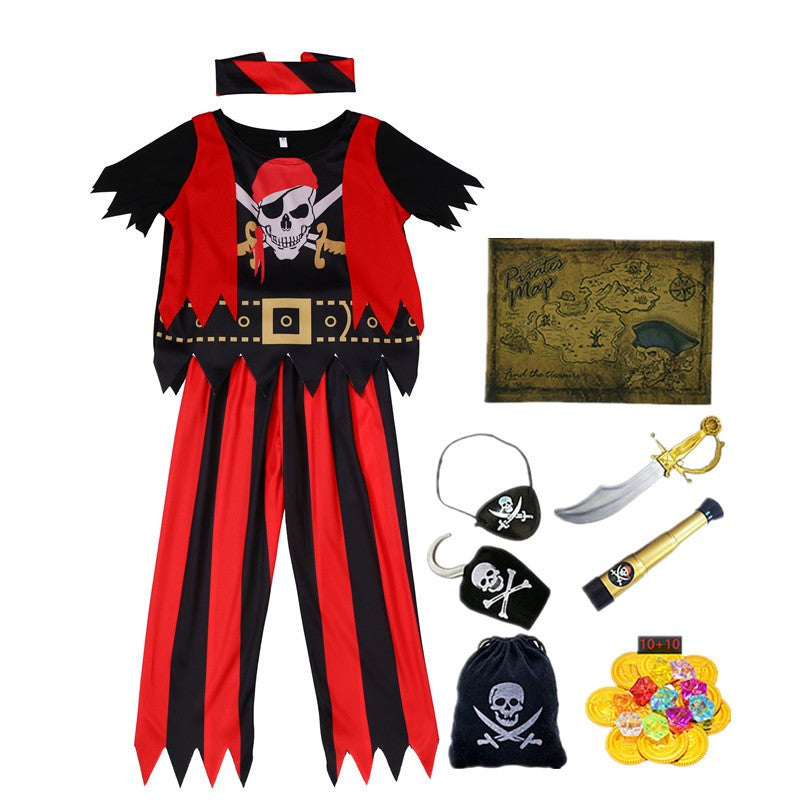 3-12Y Pirate Dress Up Costume with 7 Piece Toy Set Skull Print Top Halloween Cosplay Carnival Show Outfit Boys & Girls Holiday
