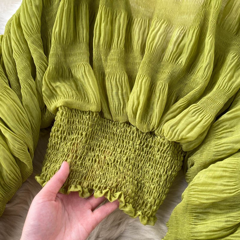 Summer Sexy Draped Chiffon Blouse For Women Elegant V-Neck Puff Long Sleeve Short Tops Female Slim Party Shirts 2022 New Fashion