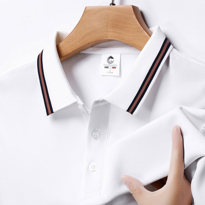 Men's Fashion Solid Short Sleeved Striped Lapel Polo Shirt Summer Breathable Comfortable Top