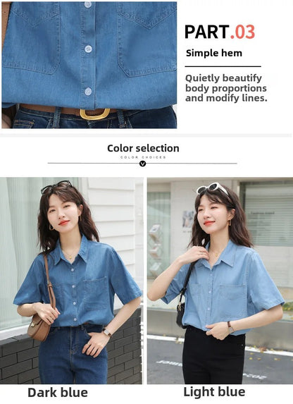 Vintageblueshort Sleeves Thin Denim Shirt 2024 Summer New Casual Loose-Fit Hong Kong Style Petite Top For Women