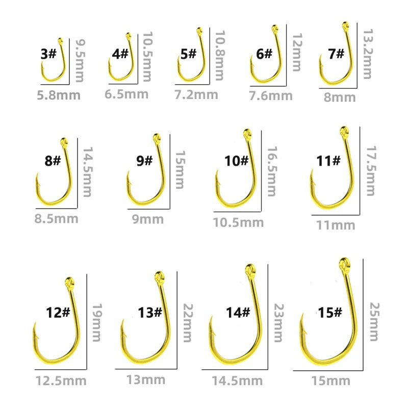 100 pçs/lote Aço Carbono Alto Anzóis de Mosca Dourados 3#-12# Anzóis de Pesca Jig Anzol Farpado com Furo Acessório de Pesca Pesca