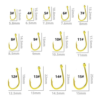 100 pçs/lote Aço Carbono Alto Anzóis de Mosca Dourados 3#-12# Anzóis de Pesca Jig Anzol Farpado com Furo Acessório de Pesca Pesca