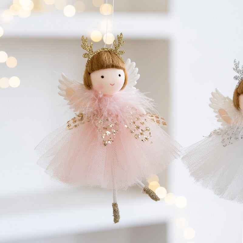 Christmas mesh skirt antlers angel girl doll pendant Christmas tree decoration small pendant children New Year gift