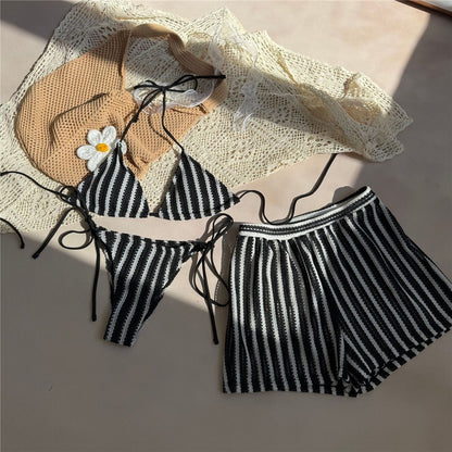 Orange Striped Swimwear Halter String Triangle Bikinis Sets 3 Pieces Bottoms Shorts Mini Micro Thong Sexy Swimsuit Woman 2025