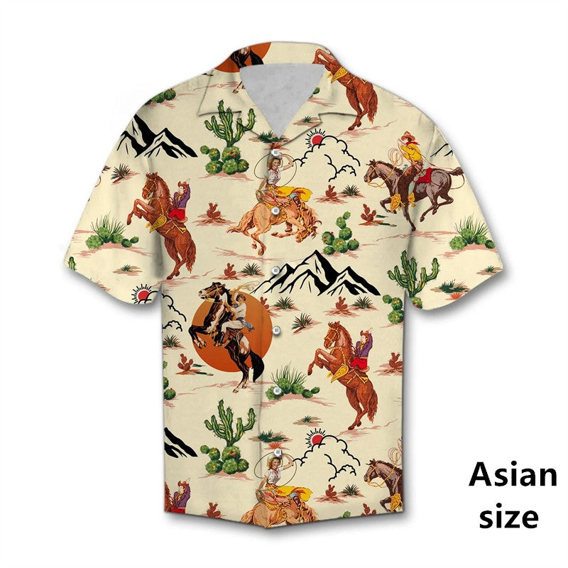 Retro Western Cowboy Pattern Shirt Man 3d Printed Casual Hawaiian Short Sleeve Tops Y2K Funny Graphic Plus Size Button Up Blouse