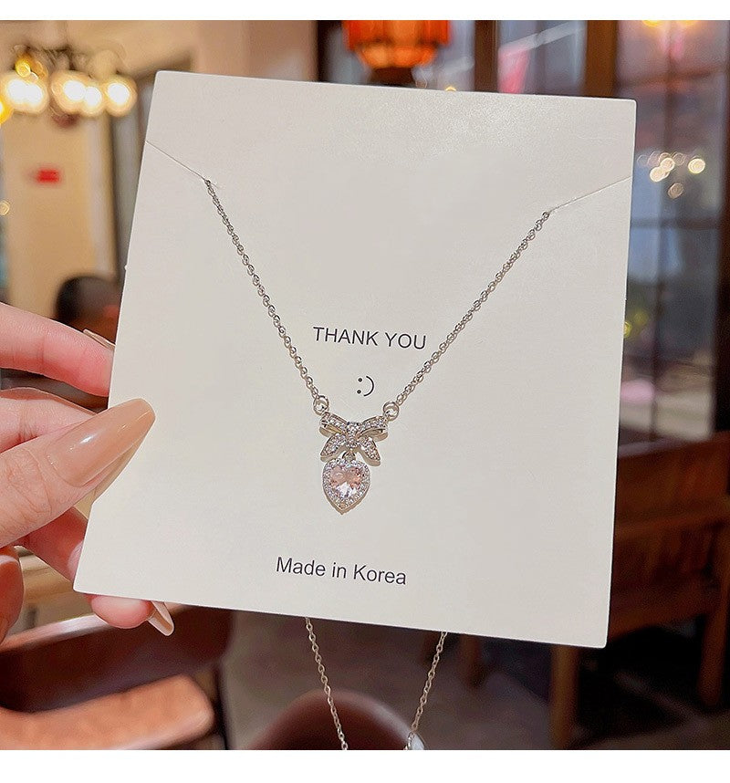 Colar coreano com pingente de laço de coração de cristal rosa, corrente prateada, para mulheres, joias estéticas para casamento