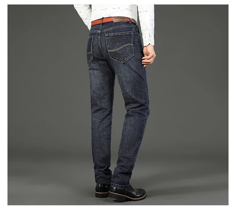 Wthinlee Calça Jeans Masculina Nova, Casual, Reta, Elástica, Moda Clássica, Azul, Preta, Trabalho, Calças Jeans Masculinas de Marca