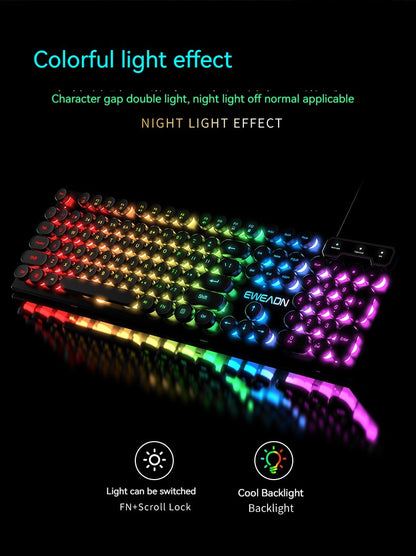 Teclado Gamer EWEADN GX330 Typewriter, 104 Teclas Retro Punk com Teclas Redondas com Fio, com Luz de Fundo RGB, para PC Laptop Windows preto